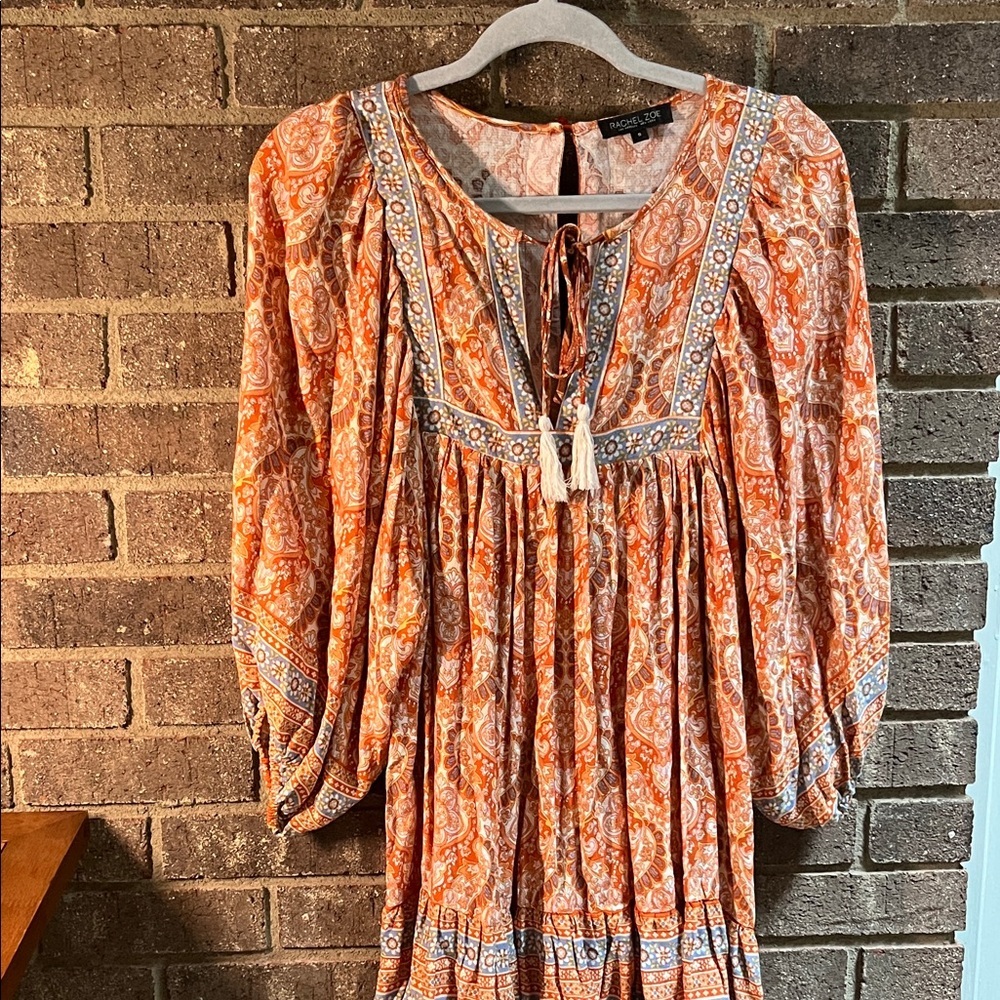 Rachel Zoe Vibrant Orange Patterned Boho Top Tunic XS